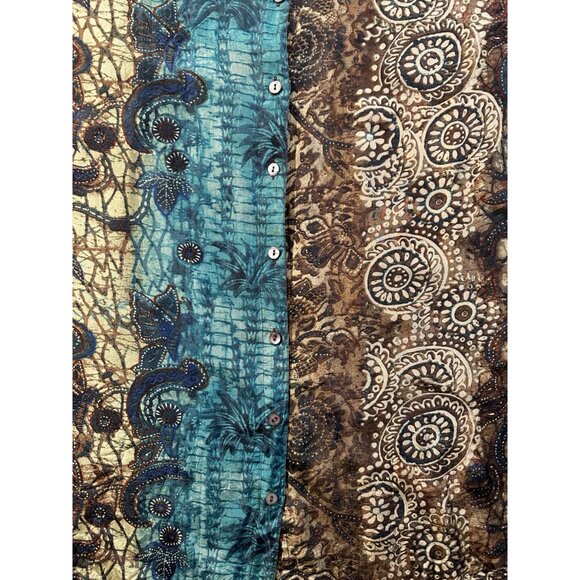 Chicos Silk Boho Button-Up Blouse Green Teal Brown Floral XL Artsy Comfort Loose - Picture 10 of 14